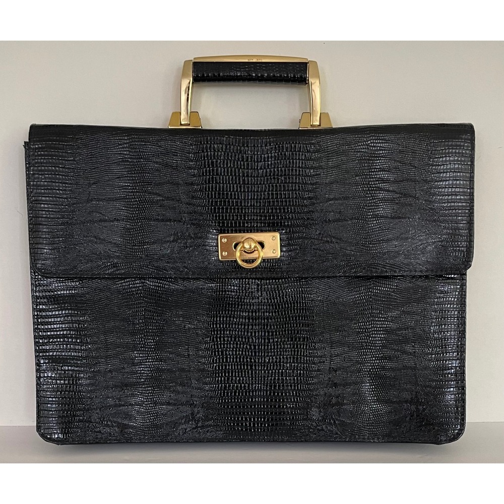 Vintage Warren Reed Black Lizard Embossed Top Handle Crossbody Briefcase Luxury